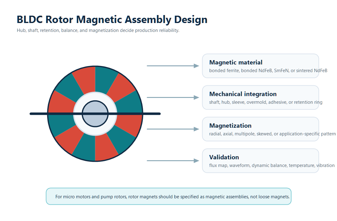 BLDC rotor magnetic assembly showing magnet material, mechanical integration, magnetization, and validation requirements