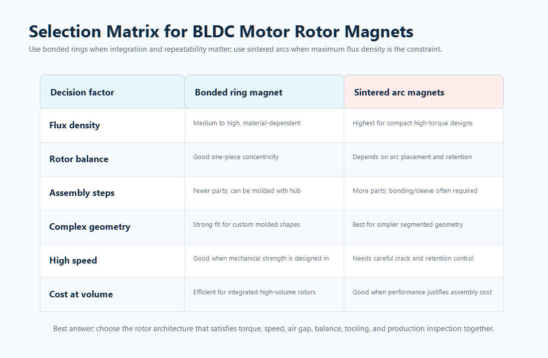 Selection matrix comparing bonded ring magnets and sintered arc magnets for BLDC motor rotors