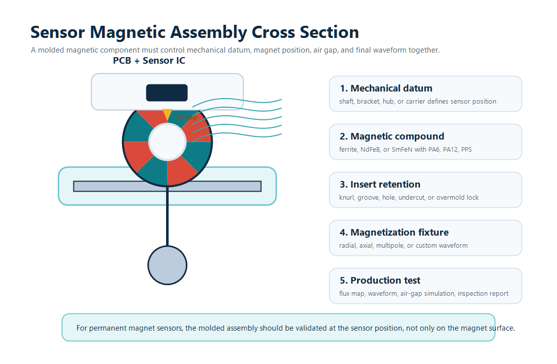 Cross section of a molded sensor magnetic assembly showing PCB, sensor IC, magnet, insert, air gap, and validation points