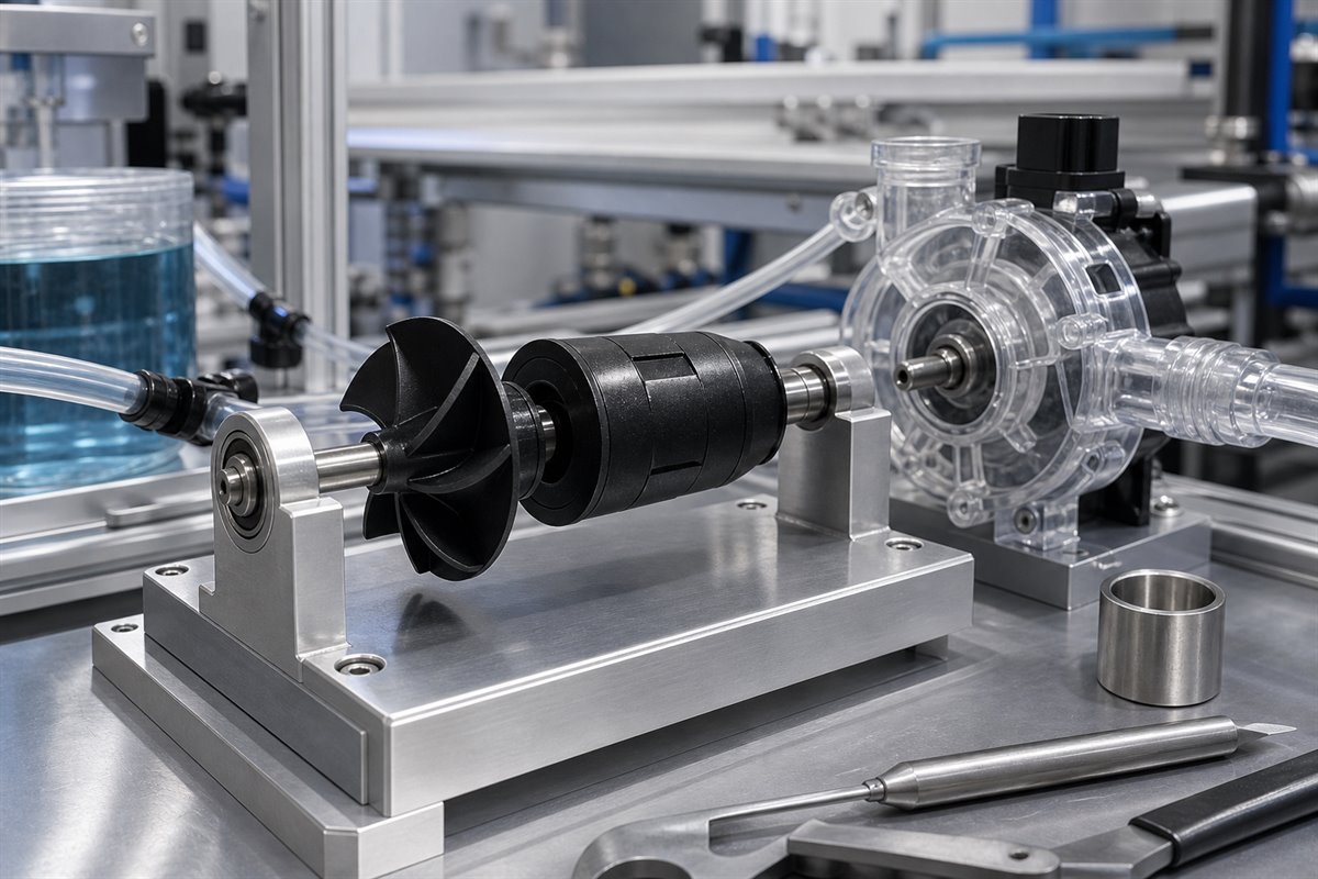 Cooling water pump rotor dynamic balance validation scene with impeller rotor coolant pump housing and clear tubing