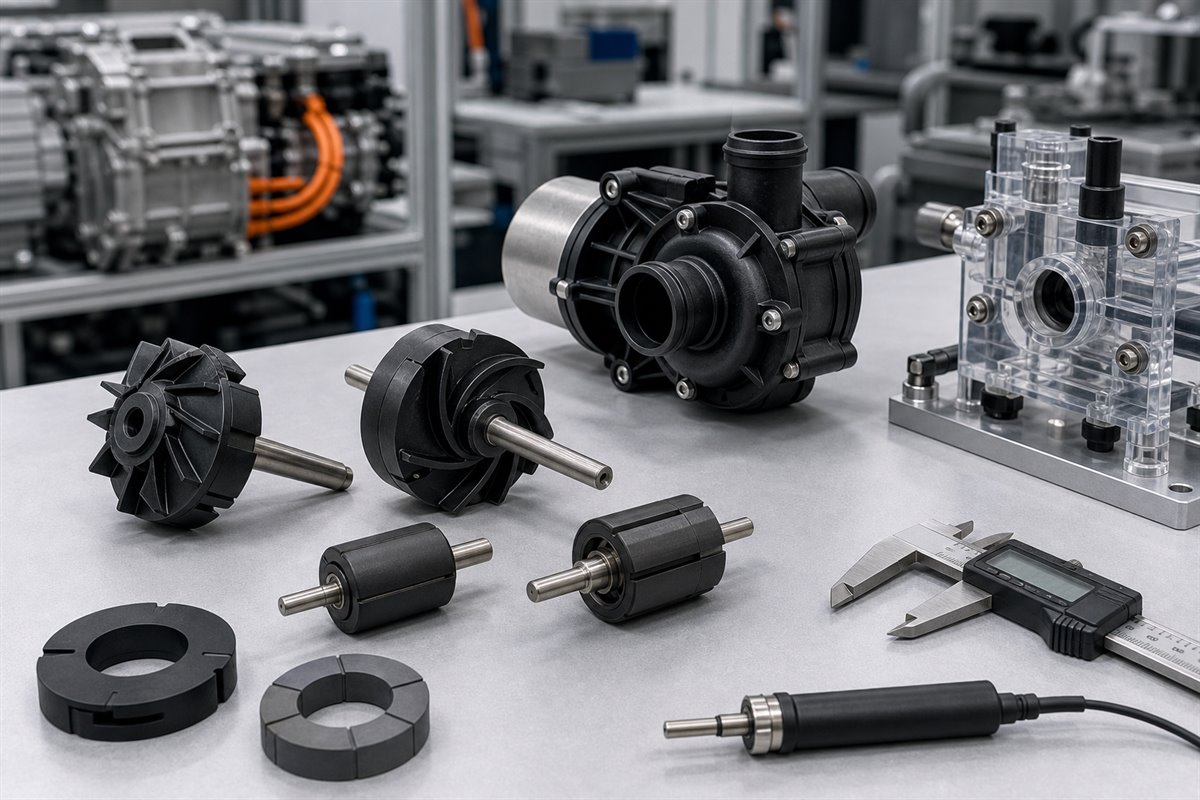 Cooling water pump rotor material selection scene with molded magnetic pump rotors impeller assemblies shafts and coolant pump housing