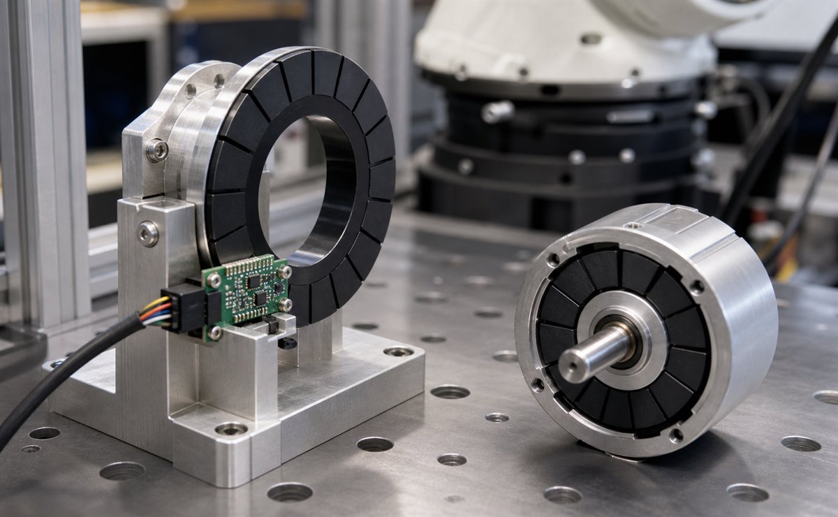 Magnetic encoder ring and motor feedback assembly with sensor PCB and rotor sample on a motion control test bench