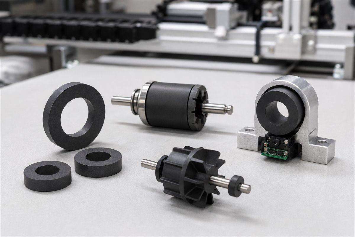 Ferrite ring magnets motor rotor flow rotor and sensor ring assembly samples on an automation component test bench