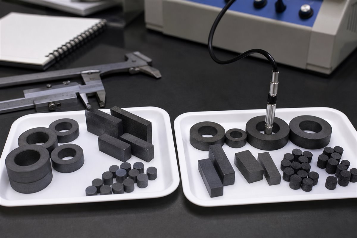 Ferrite magnet rings and blocks under gaussmeter and caliper inspection