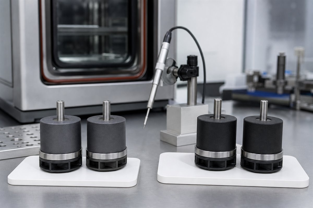 Ferrite PPS and NdFeB PPS molded pump rotor samples with stainless shafts on a material validation bench