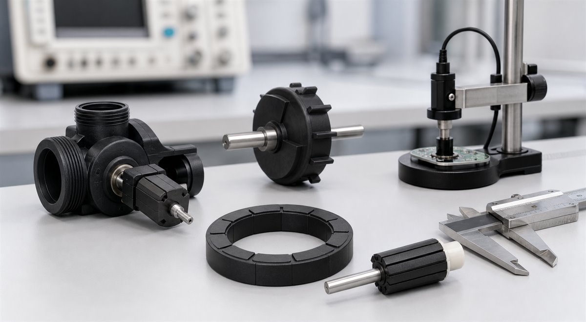Industrial automation magnetic assemblies including flow rotor encoder ring and motor rotor on an engineering bench