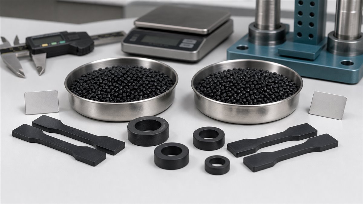 Ferrite bonded magnetic compound pellets test bars and molded ring samples prepared for validation before sampling