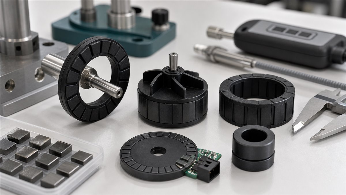 Molded ferrite magnetic compound sample parts for sensor rings pump rotors and compact motor components on a validation bench