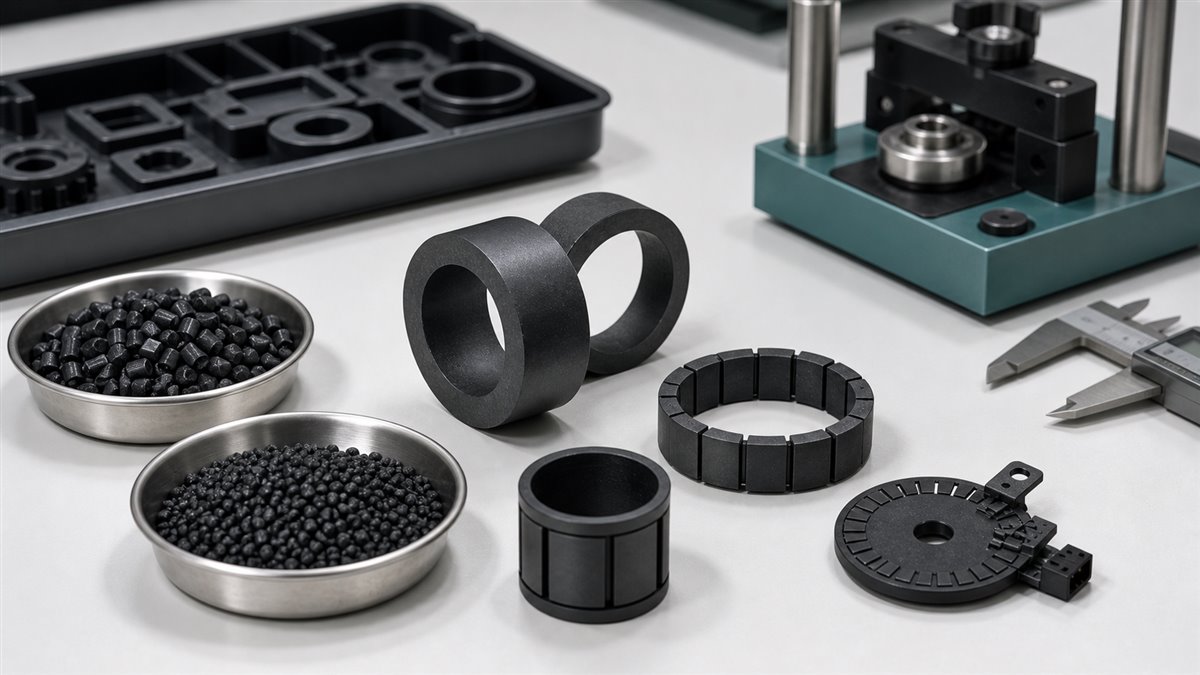 Maglastic FA19 and FB19R ferrite bonded compound pellets and molded magnetic samples on an engineering lab bench