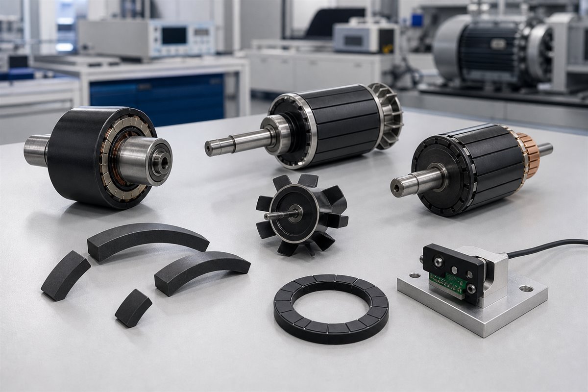 Magnets for electric motors including BLDC rotors sintered arc magnets bonded ring magnets pump rotors and sensor rings on an engineering bench