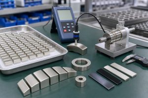 NdFeB magnet production and inspection bench with coated neodymium magnets gaussmeter probe calipers and rotor fixture