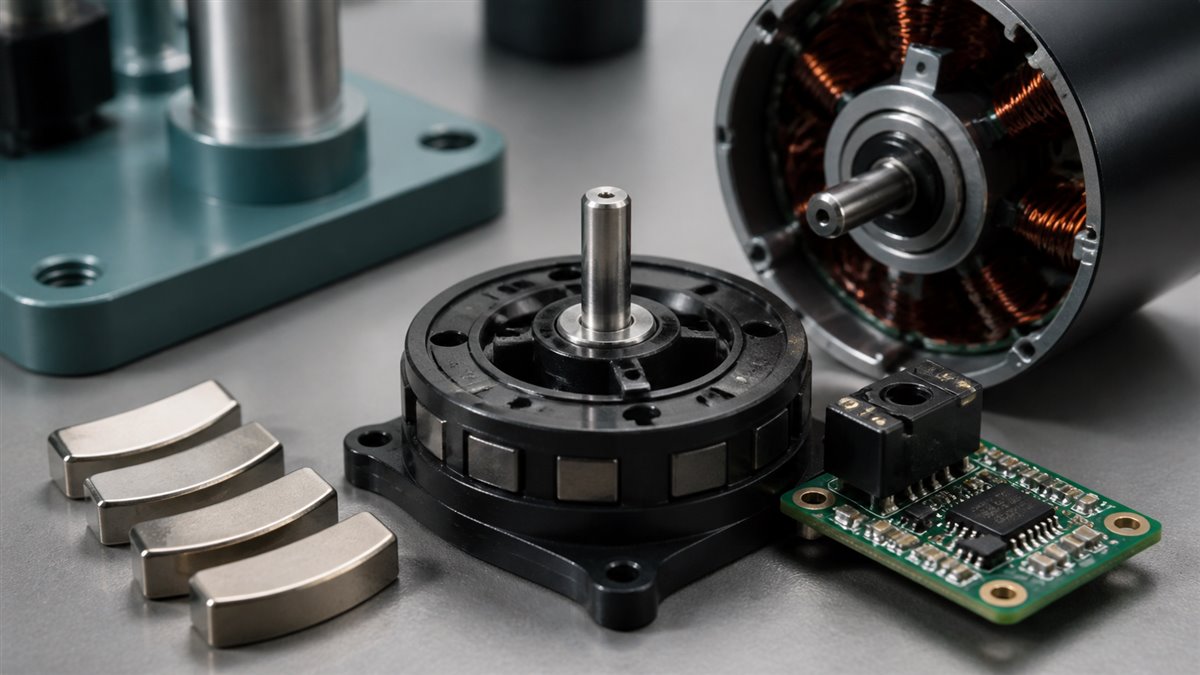 Plastic bonded neodymium encoder ring integrated into a motor and sensor assembly beside sintered magnet arcs