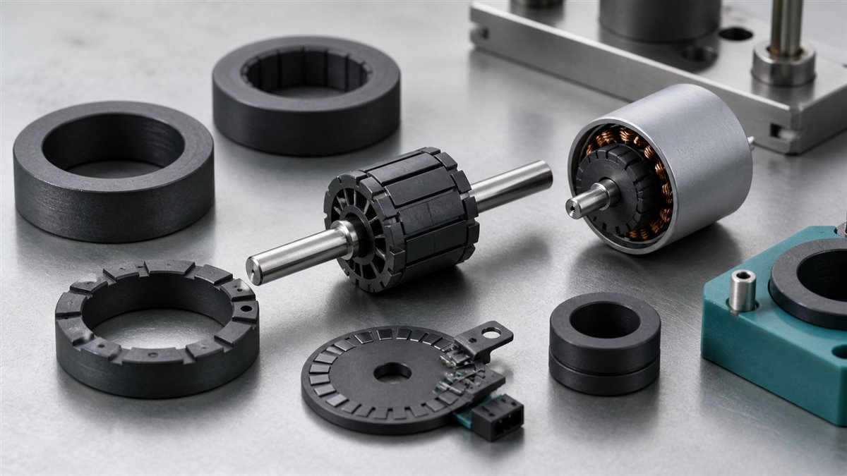Plastic bonded neodymium magnet rings and rotor components arranged as OEM engineering samples
