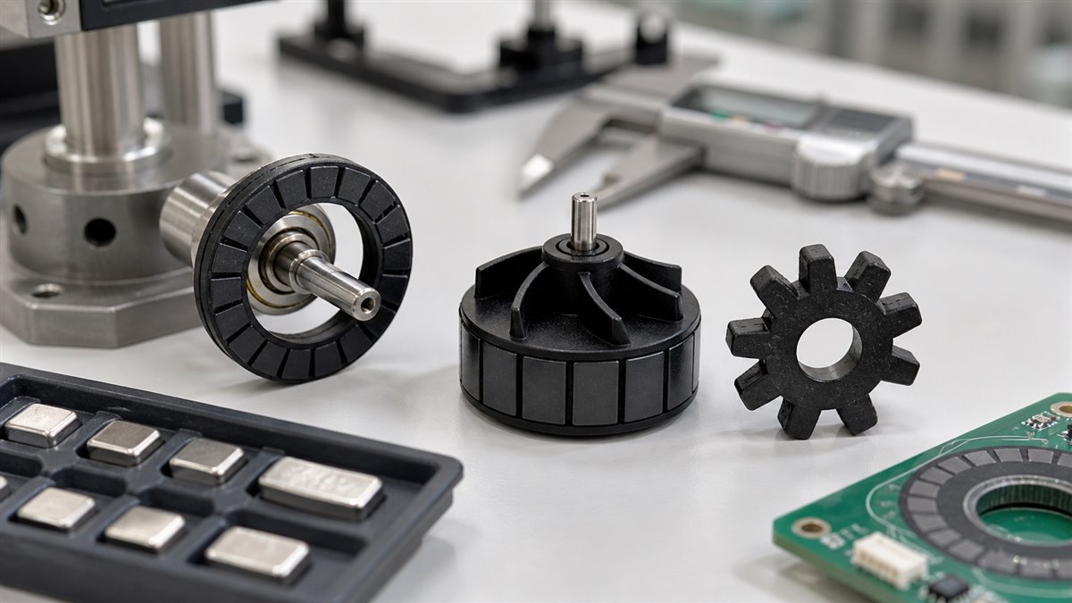 Plastic bonded neodymium magnetic components for sensor targets pump rotors and compact motor parts on a validation bench