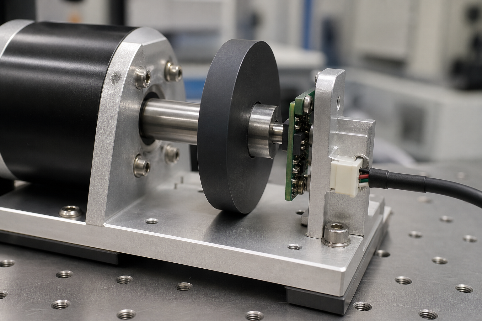 Close-up of rotary angle sensor magnet target on shaft facing a compact sensor PCB