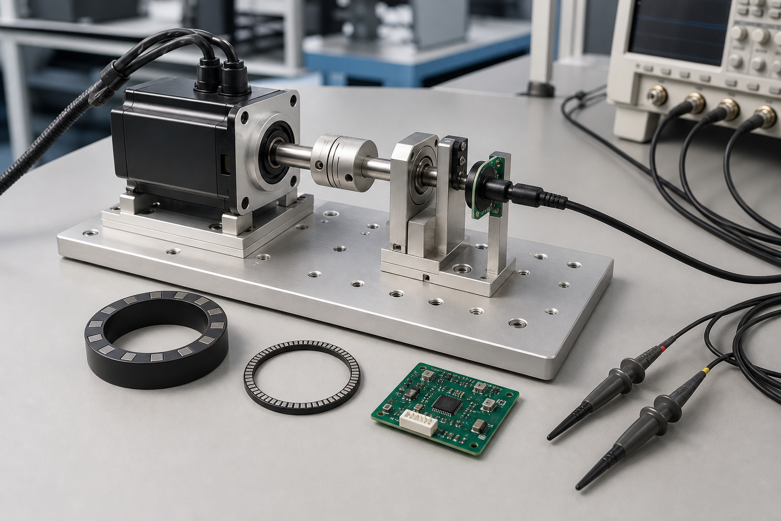 Motor control test bench with rotary angle sensor magnet assembly and magnetic encoder ring