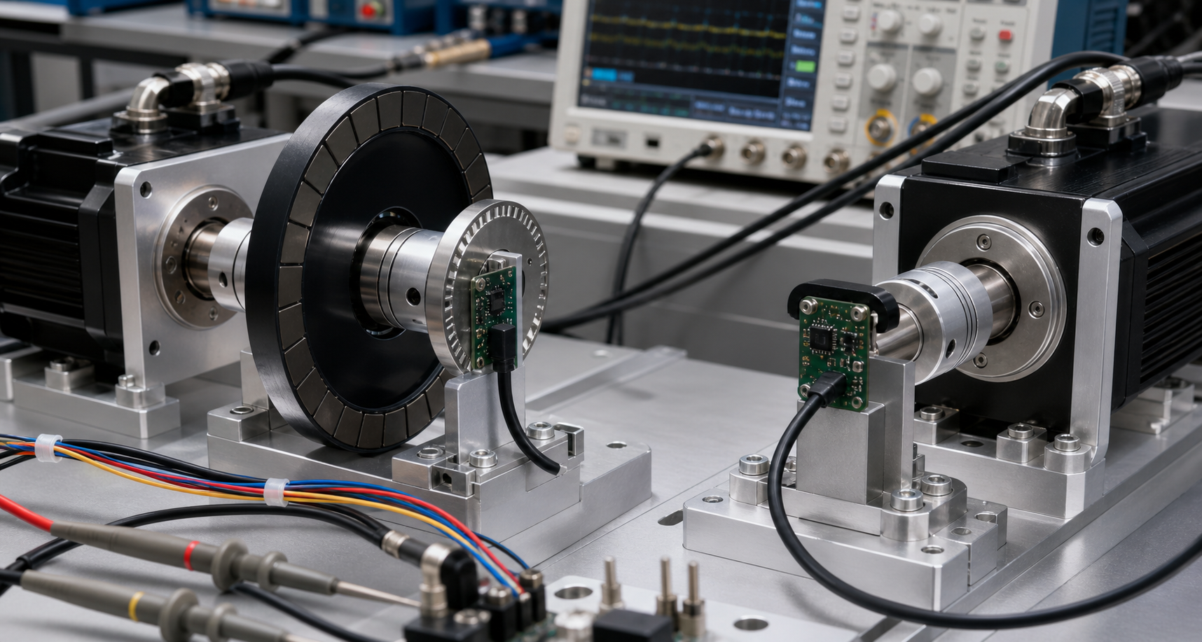 Motion control test bench comparing magnetic rotary encoder hardware and rotary angle sensor target
