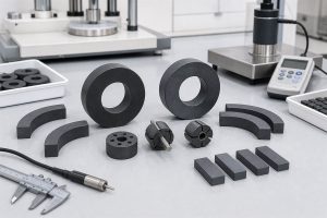Strontium ferrite and barium ferrite magnet material samples including rings arcs blocks and rotor samples on a testing bench
