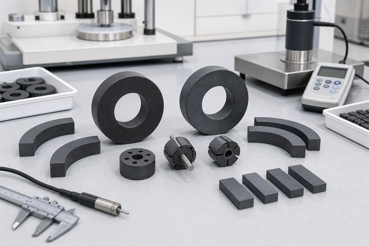 Strontium ferrite and barium ferrite magnet material samples including rings arcs blocks and rotor samples on a testing bench